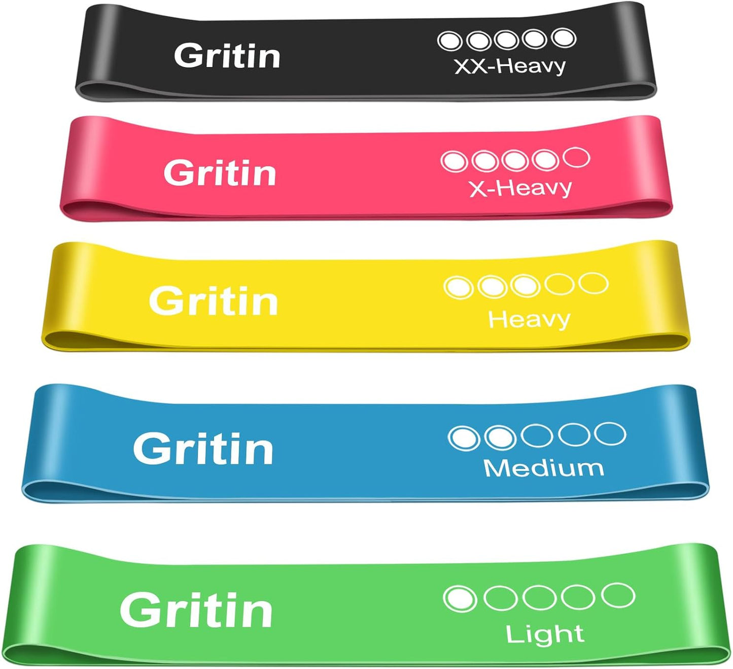 Gritin Resistance Bands Set of 5 – 5 Strength Levels, Skin-Friendly, with Carry Case + Free Workout Plan