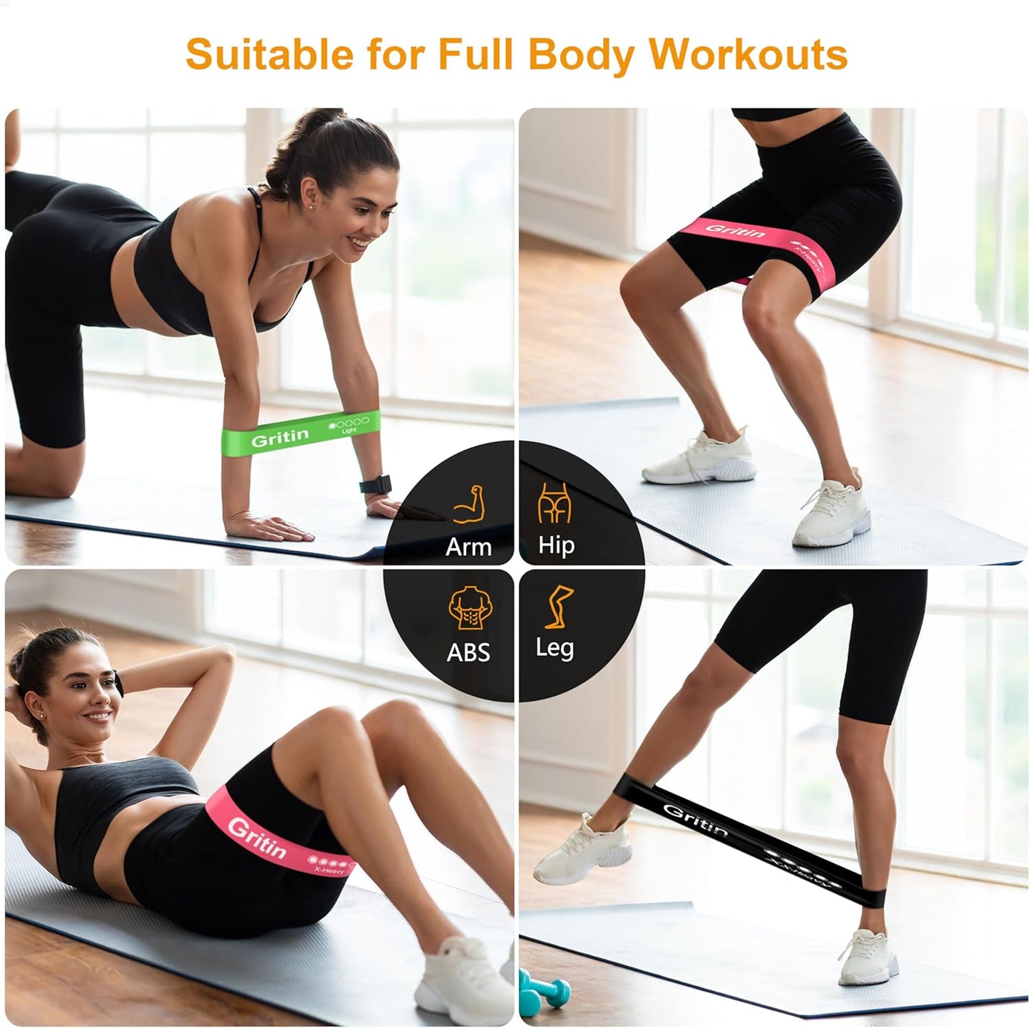 Gritin Resistance Bands Set of 5 – 5 Strength Levels, Skin-Friendly, with Carry Case + Free Workout Plan