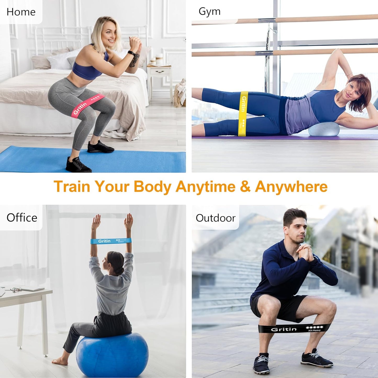 Gritin Resistance Bands Set of 5 – 5 Strength Levels, Skin-Friendly, with Carry Case + Free Workout Plan