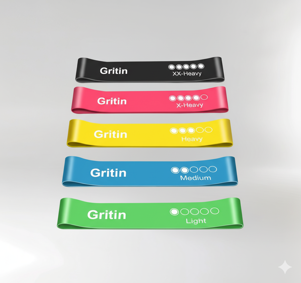 Gritin Resistance Bands Set of 5 – 5 Strength Levels, Skin-Friendly, with Carry Case + Free Workout Plan
