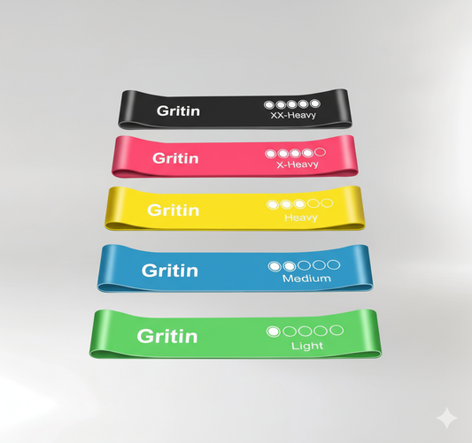 Gritin Resistance Bands Set of 5 – 5 Strength Levels, Skin-Friendly, with Carry Case + Free Workout Plan